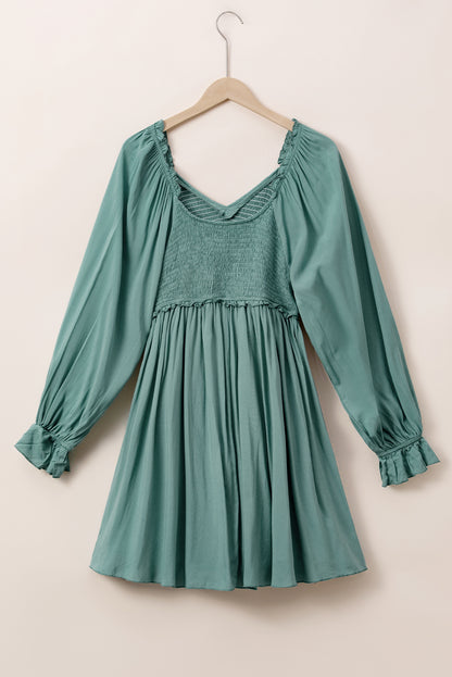 Mist Green Smocked Ruffled Bubble Sleeve Flowy Short Dress