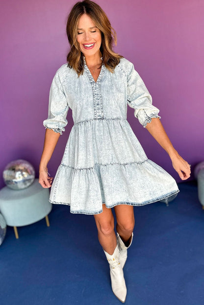 Dusk Blue Acid Wash Retro Half Sleeve Flared Denim Dress