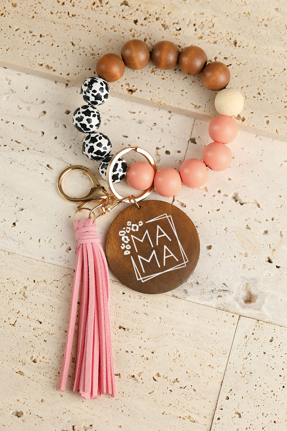 Pink MAMA Wood Pendant Leopard Fringe Keychain