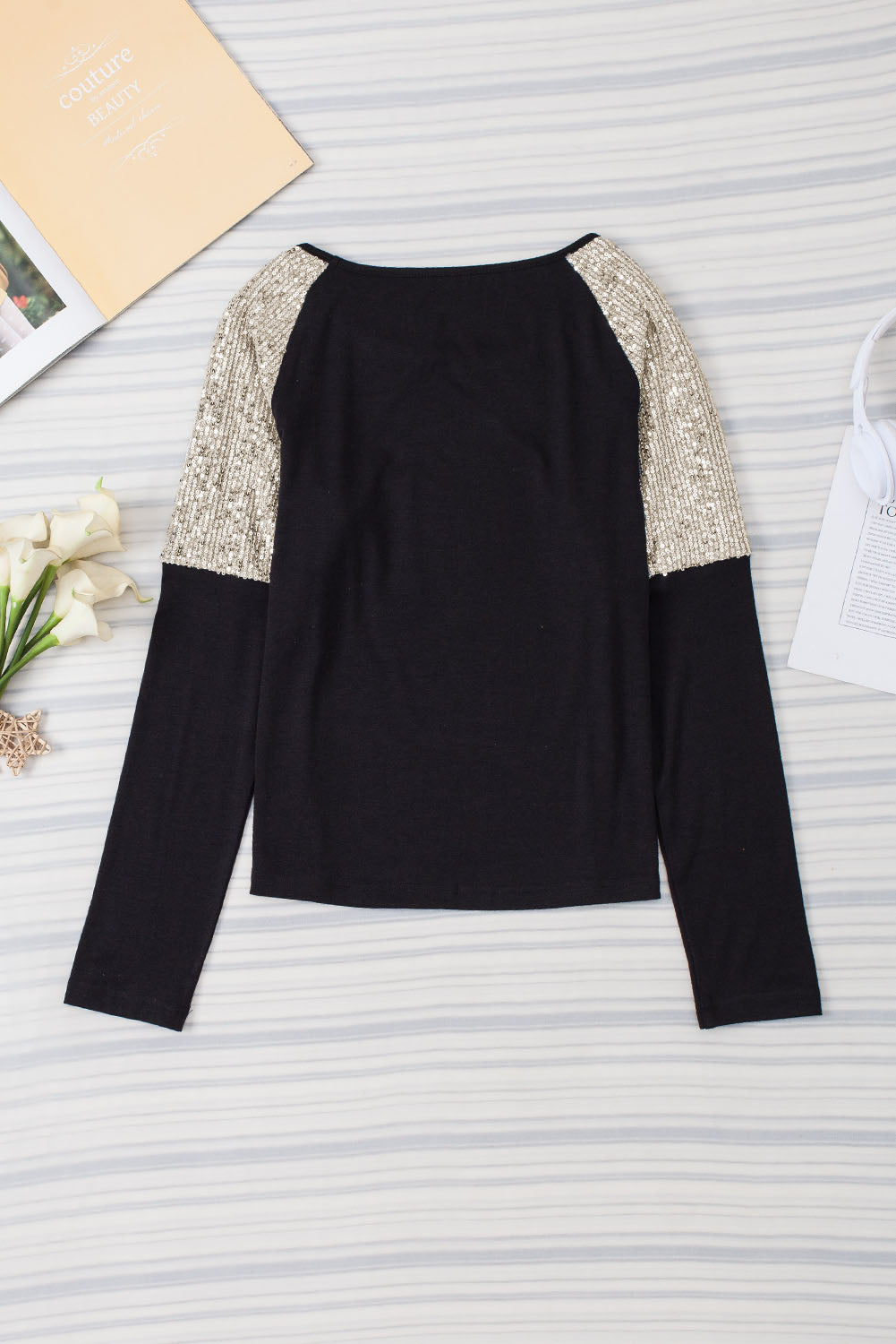 Black Sequin Patch Chest Pocket Raglan Sleeve Top