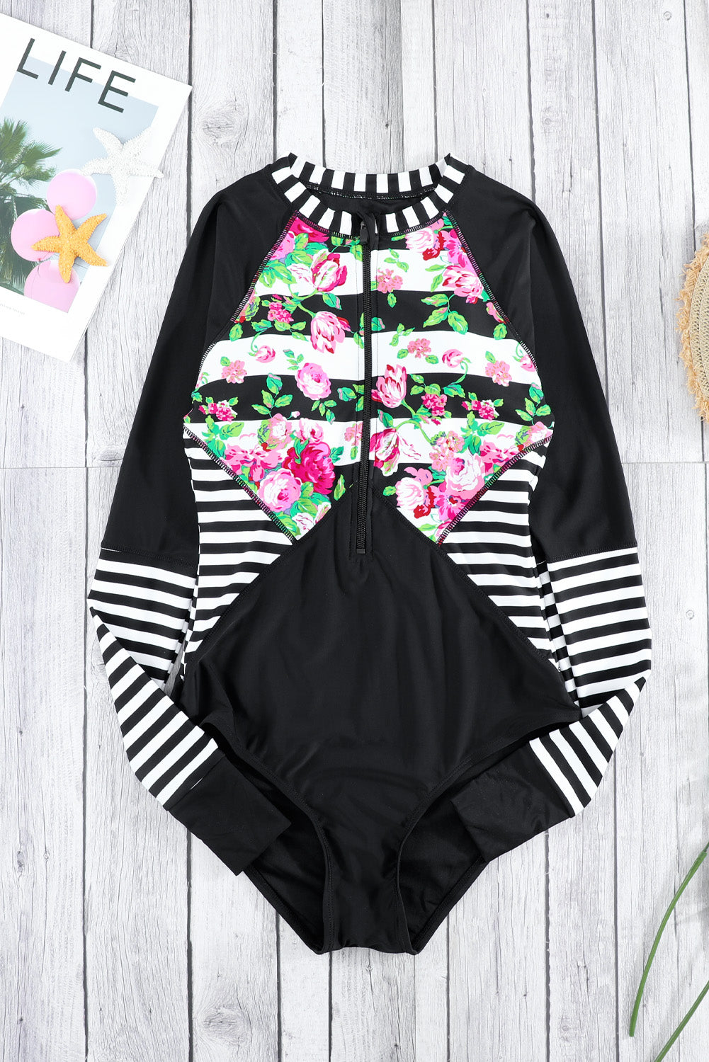 Floral Striped Patchwork Rashguard One-piece Swimsuit