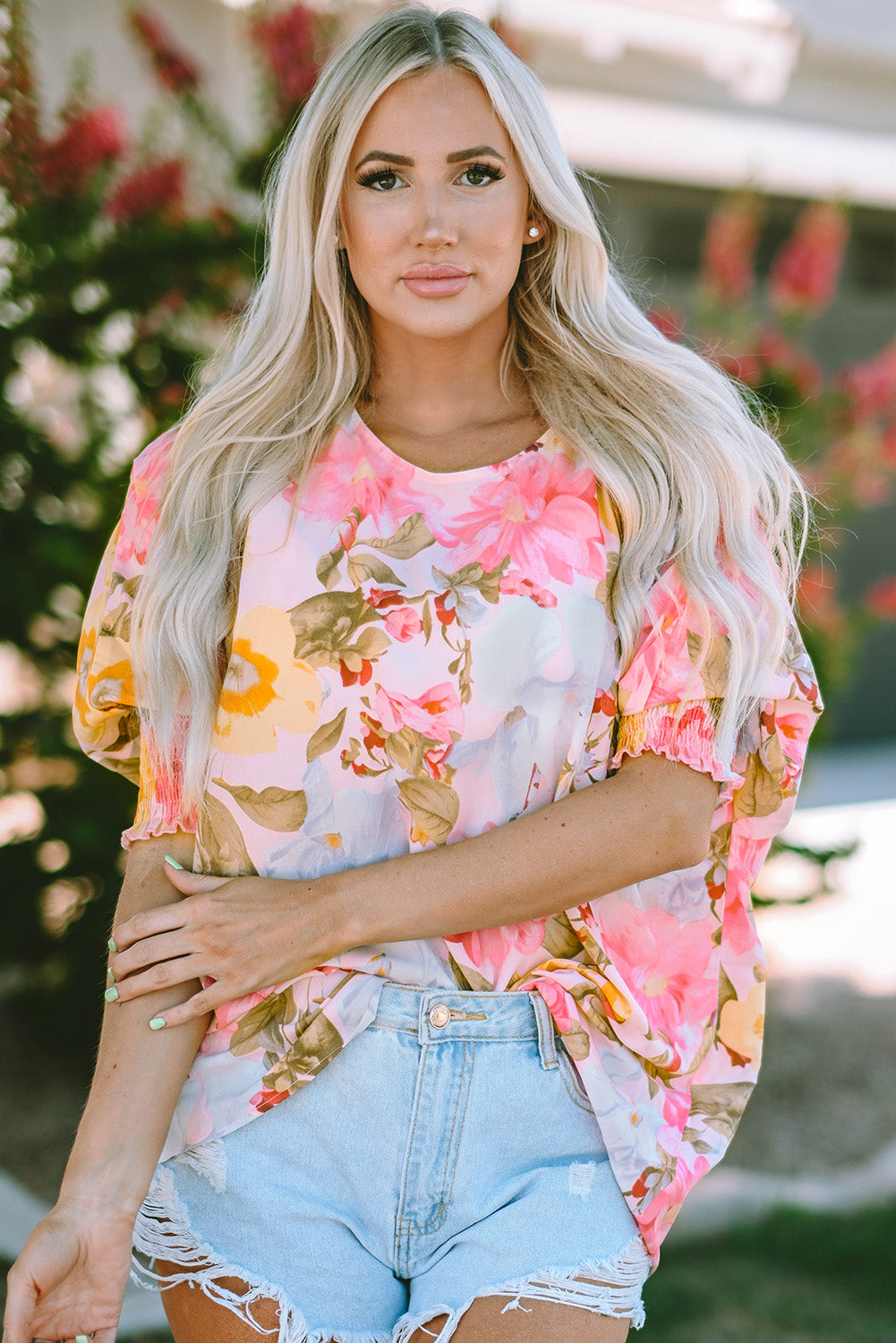 Pink Shirred Cuff 3/4 Sleeve Loose Fit Floral Blouse