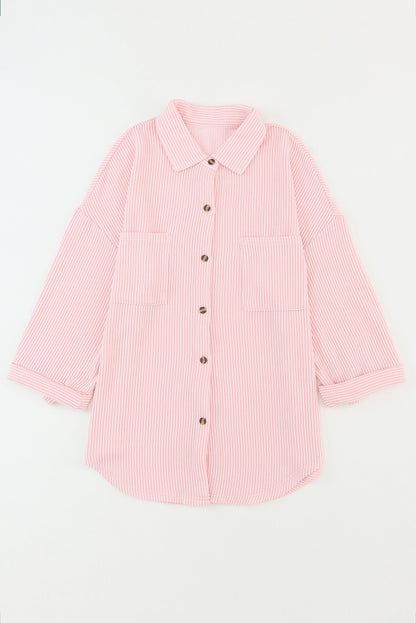 Pink Roll Tab Sleeve Ribbed Cording Shacket