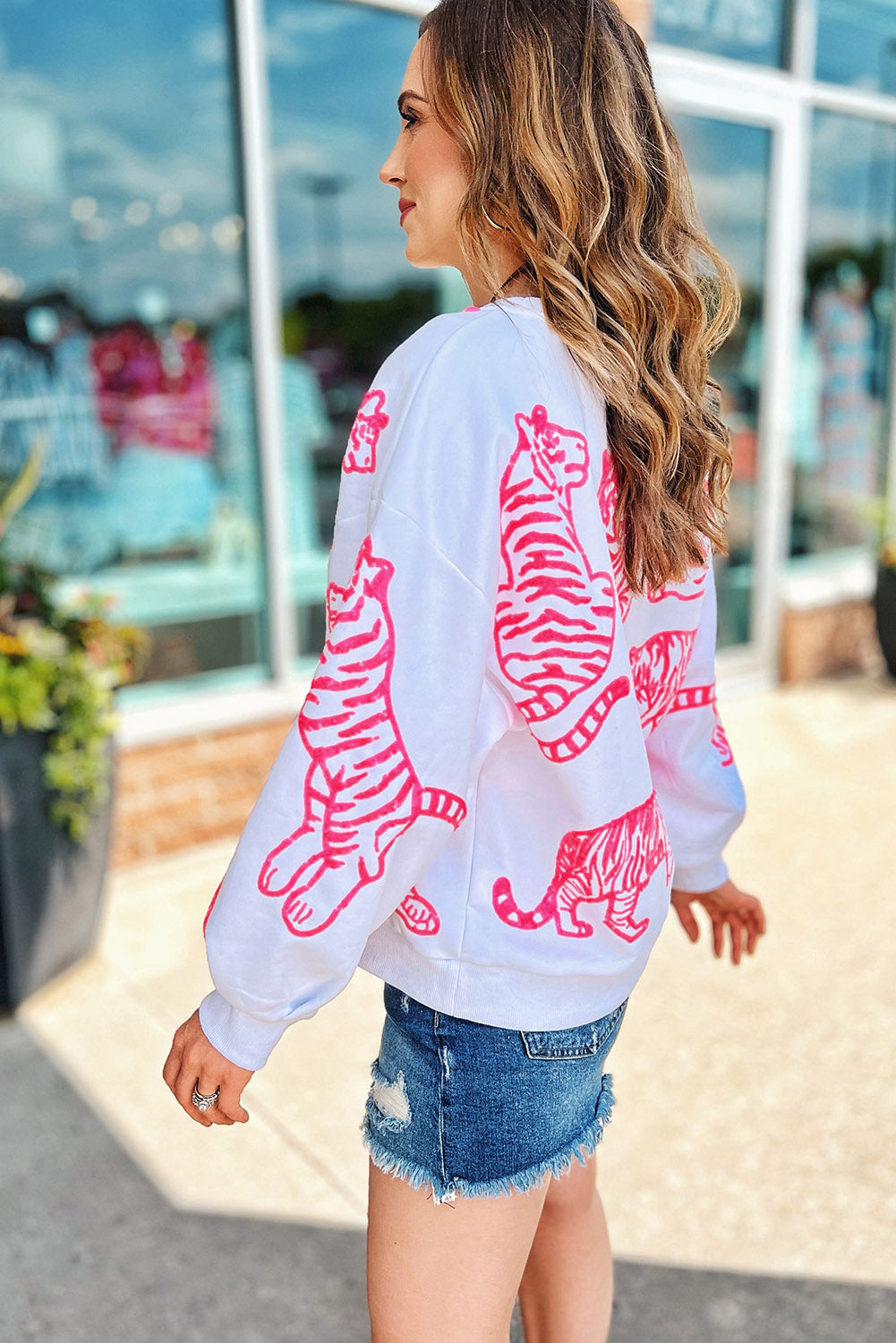 Bright White Pink Animal Print Pullover Sweatshirt