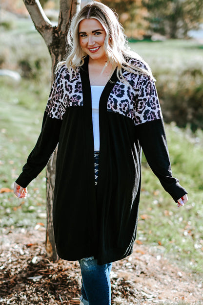 Black Leopard Detail Plus Size Cardigan