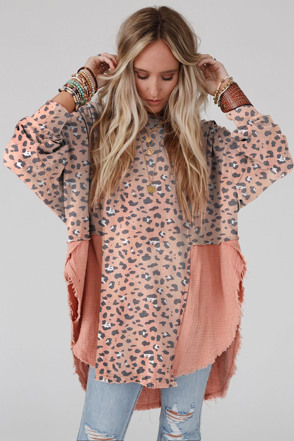 Pink Raw Edge Leopard Patchwork Oversized Blouse