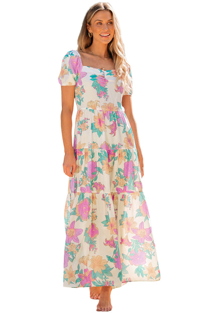 Multicolor Square Neck Puff Sleeve Tiered Floral Maxi Dress