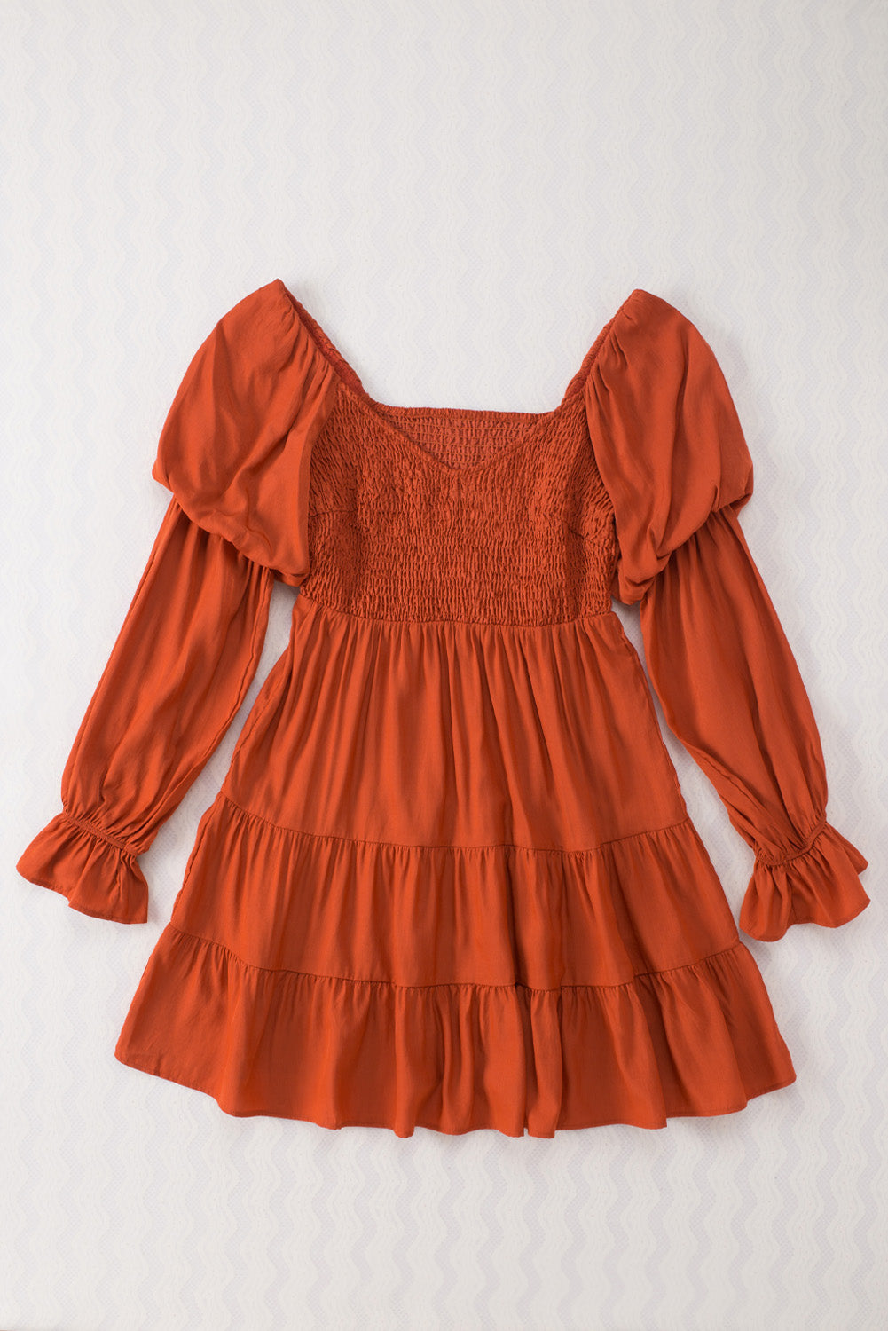 Brown Boho Solid Shirred Ruffle Mini Dress