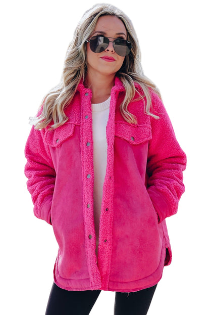 Bright Pink Faux Suede Sherpa Patchwork Button-up Shacket