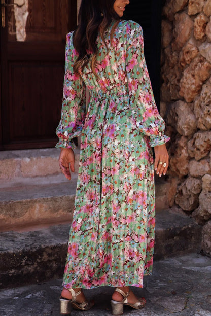 Green Floral Print Deep V Neck Ruched Cinched Waist Maxi Dress