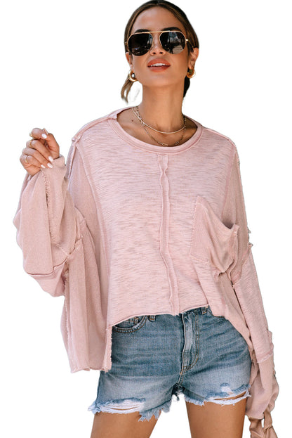 Pink Exposed Seam Chest Pocket Loose Sleeve Oversized Top