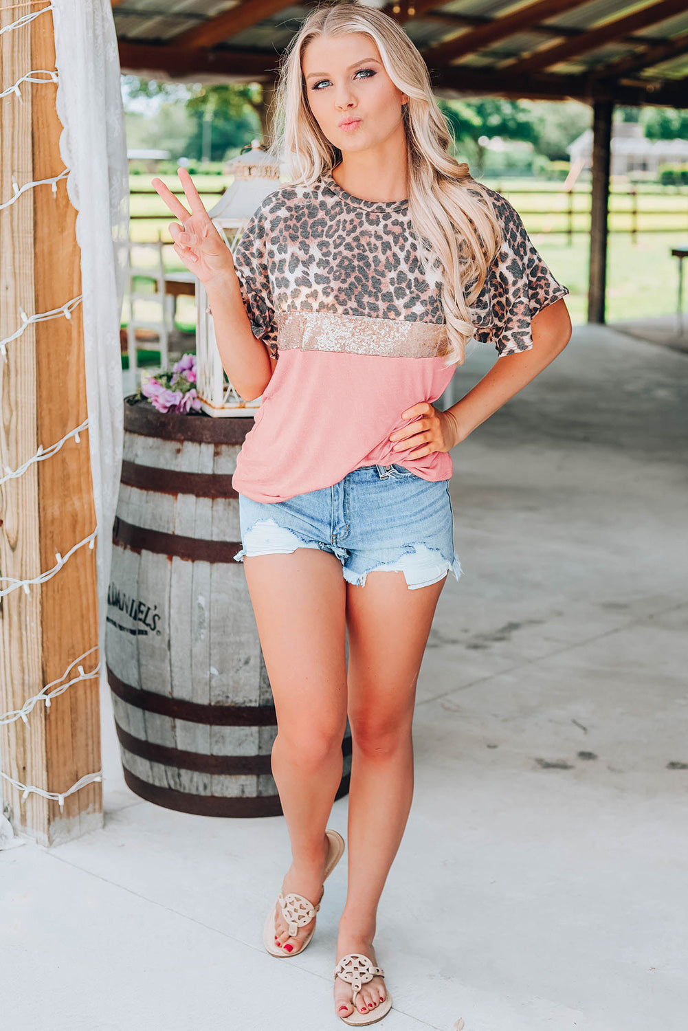 Pink Leopard Sequin Colorblock Patchwork Short Sleeve Top