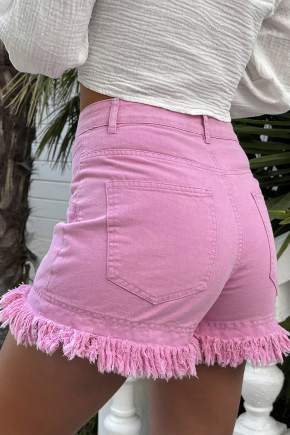 Pink Frayed Edge Mid Rise Denim Shorts