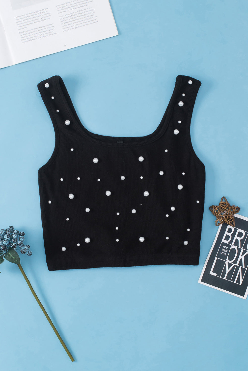 Black Pearl Decor Square Neck Sleeveless Crop Top