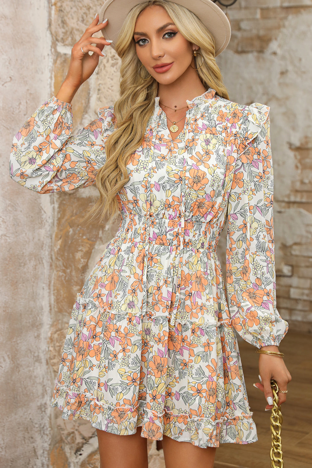 White Split Neck Smocked Waist Ruffled Floral Dress