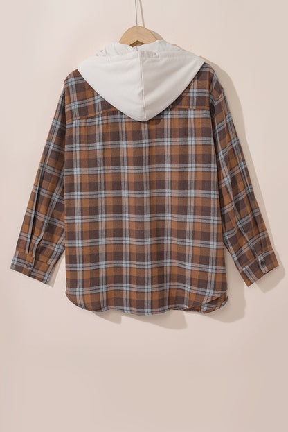 Brown Plus Size Plaid Contrast Button up Hooded Jacket