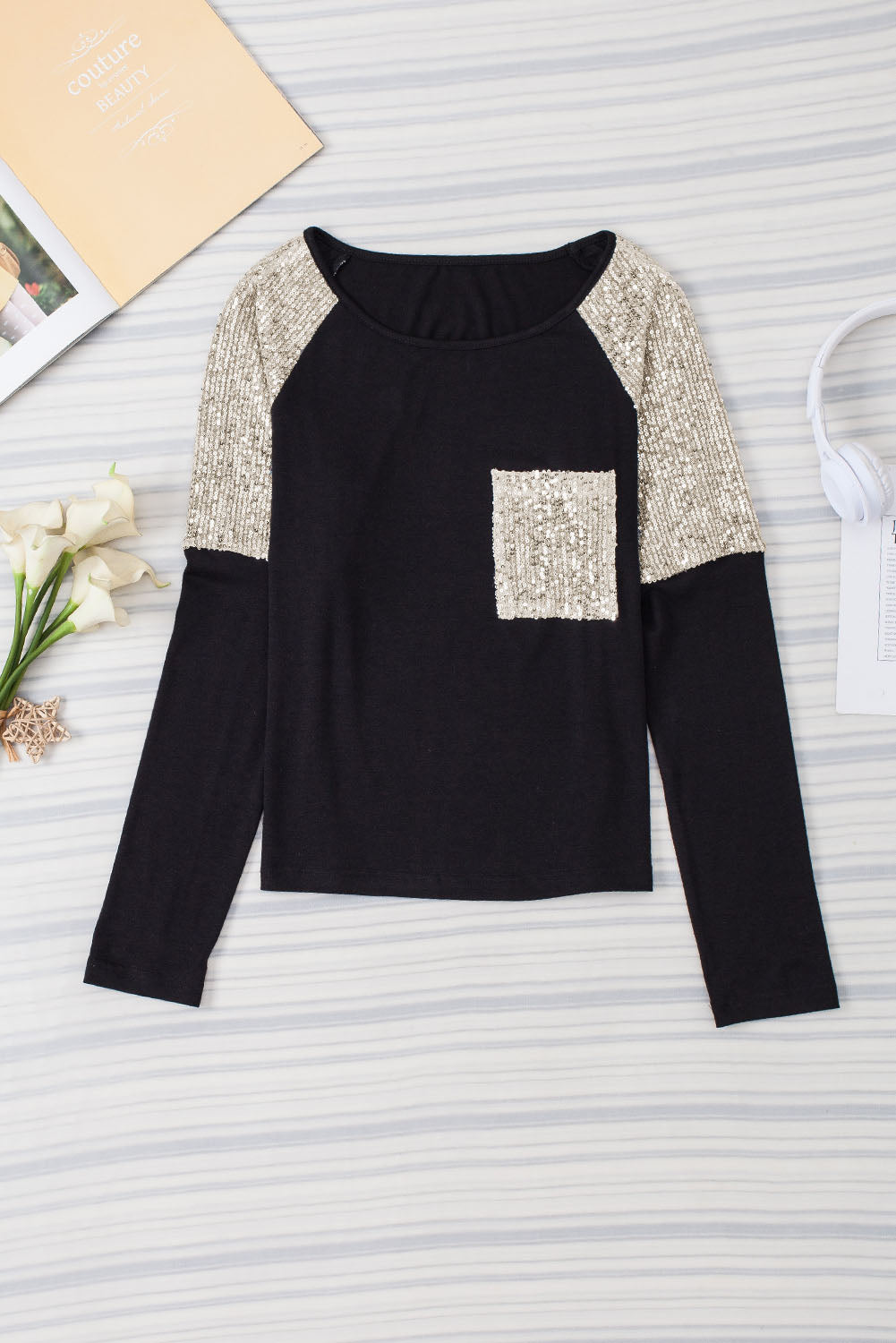 Black Sequin Patch Chest Pocket Raglan Sleeve Top