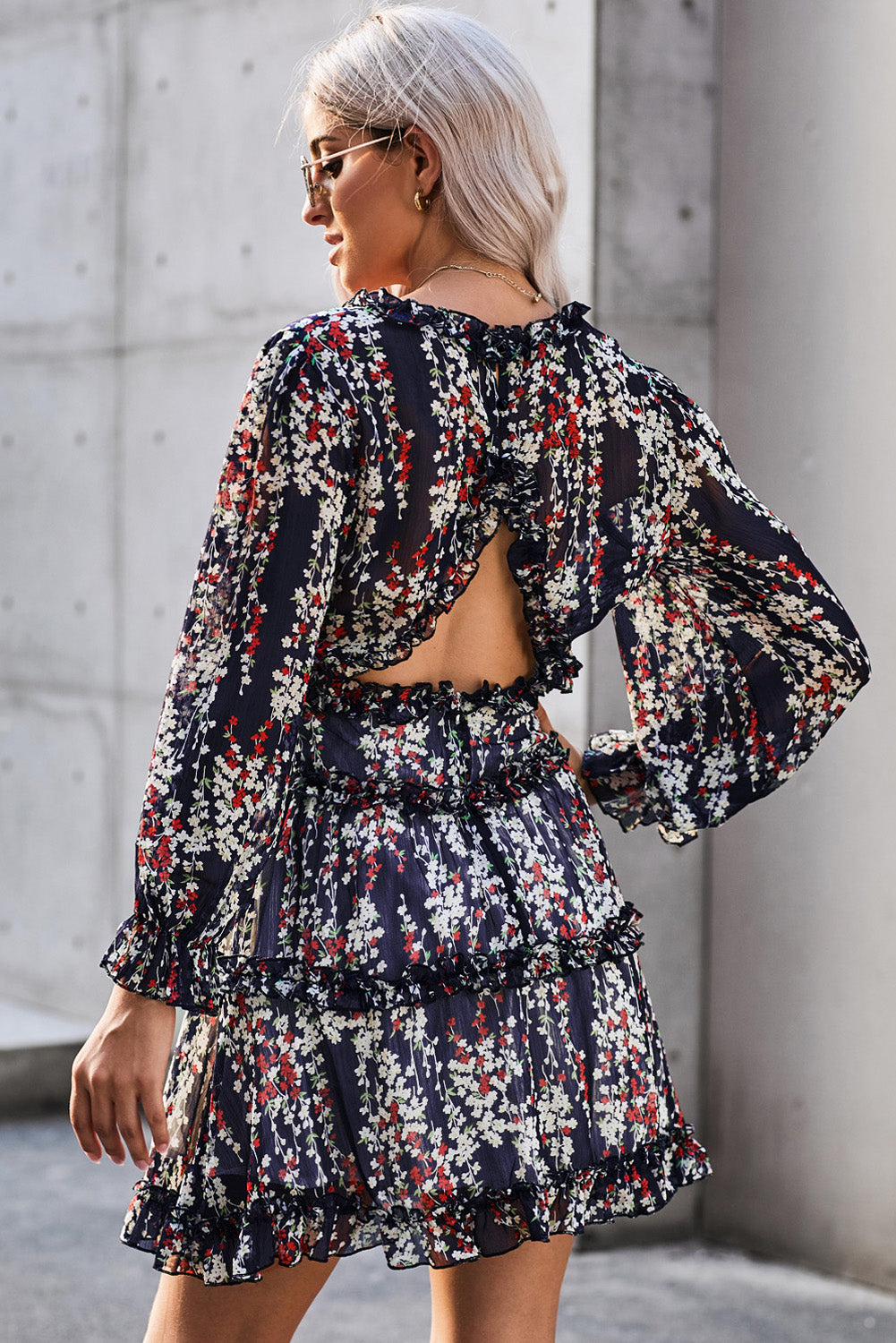 Blue Ruffle Detailing Open Back Floral Dress