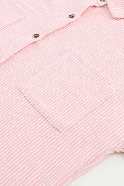 Pink Roll Tab Sleeve Ribbed Cording Shacket