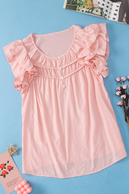 Peach Blossom Shirring Buttoned Neck Ruffle Sleeve Blouse