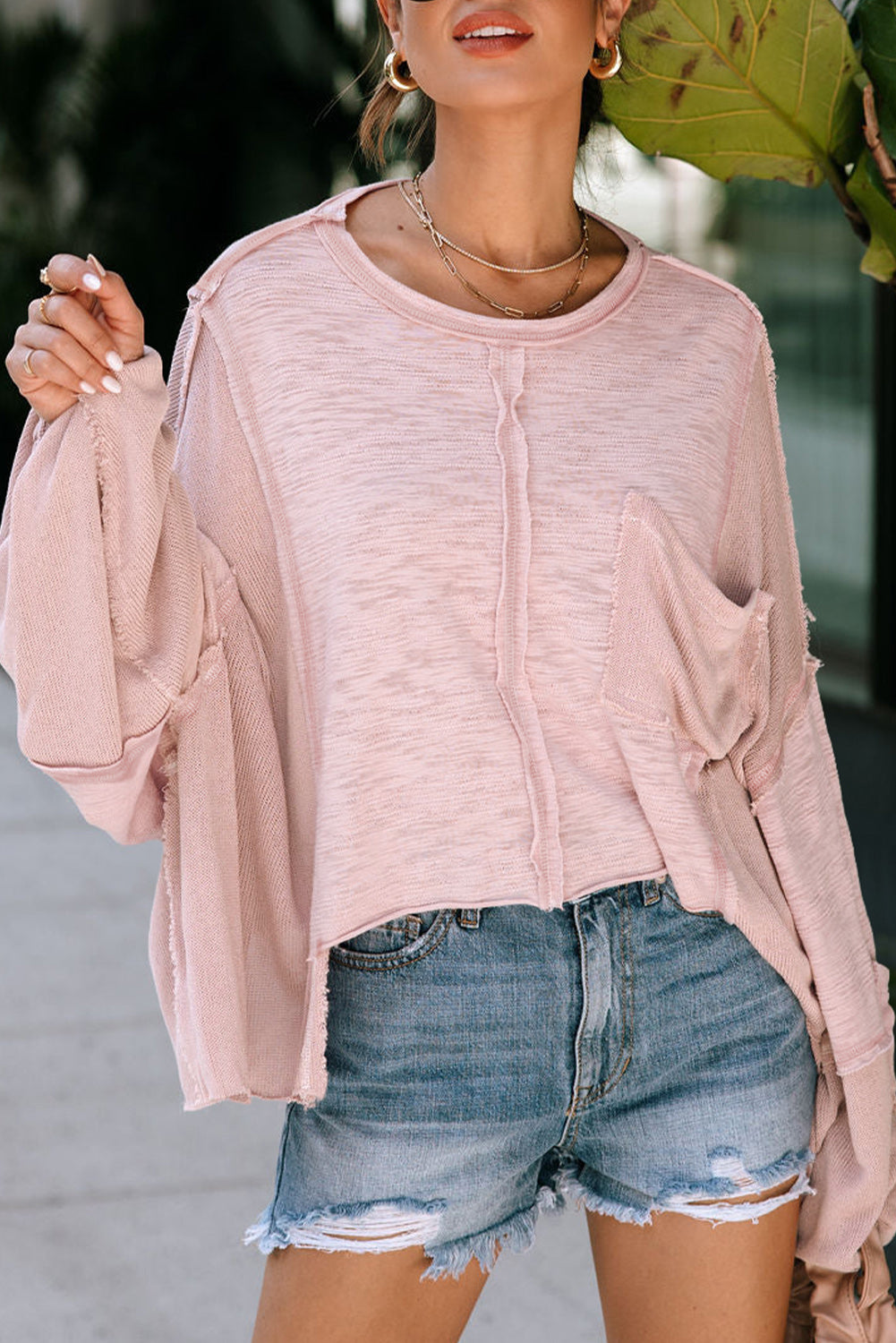 Pink Exposed Seam Chest Pocket Loose Sleeve Oversized Top