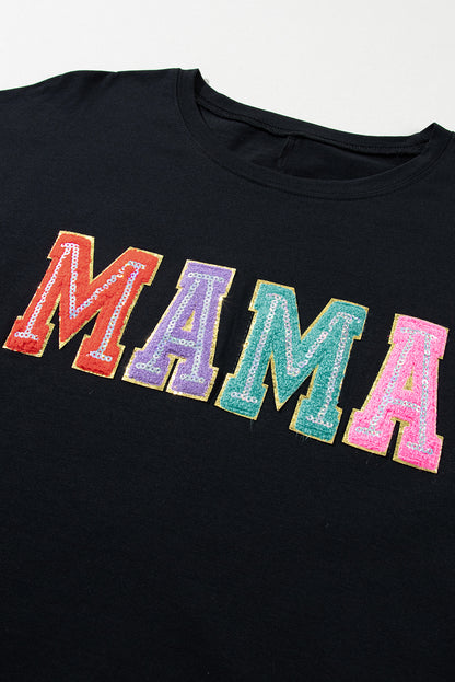 Black MAMA Chenille Patched Crew Neck T Shirt