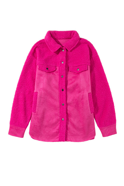 Bright Pink Faux Suede Sherpa Patchwork Button-up Shacket