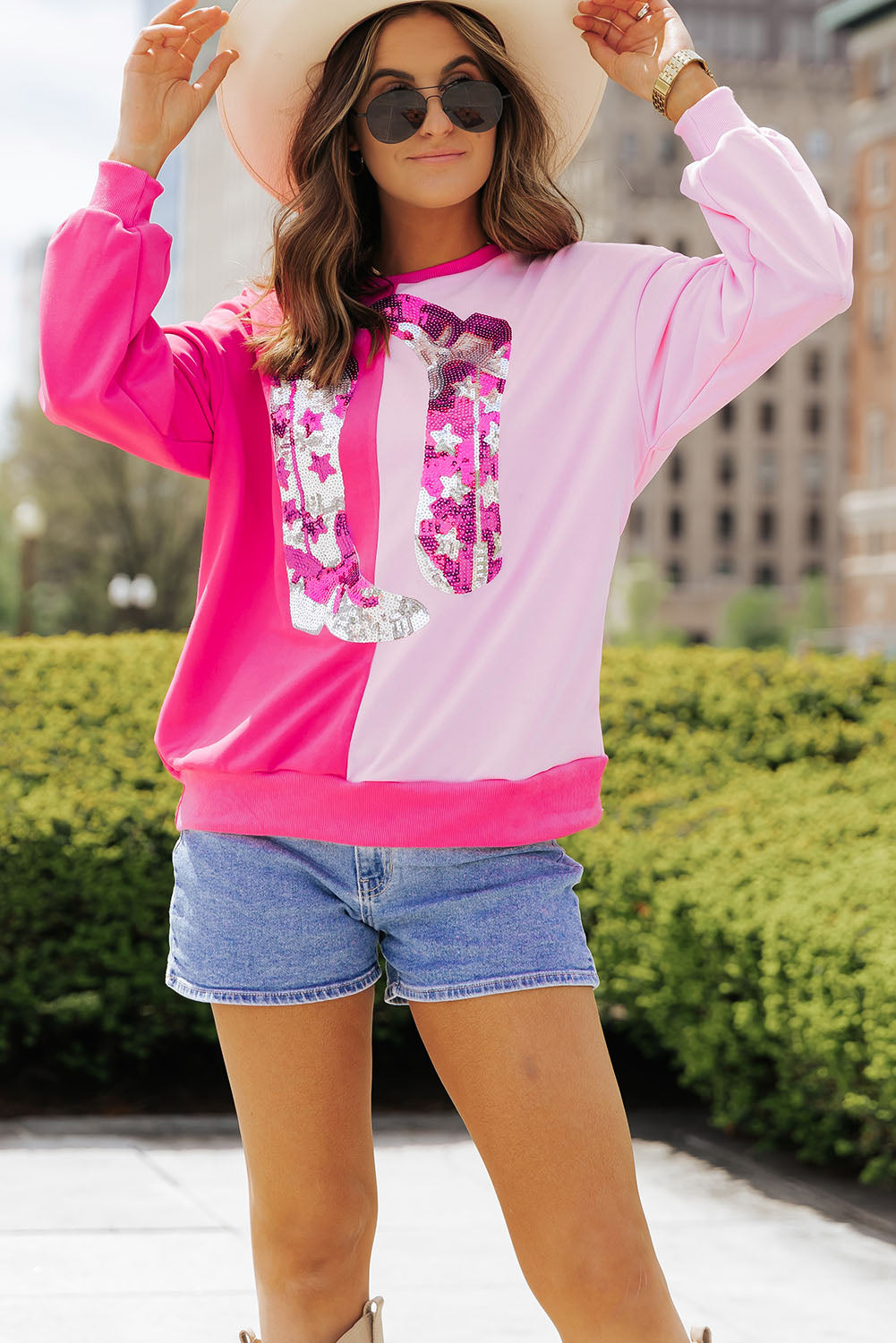 Pink Color Block Sequined Cowgirl Boots Graphic Sweatshirt