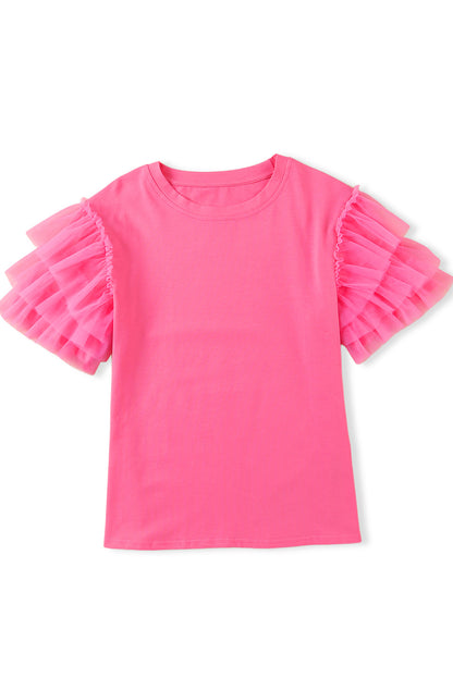 Pink Tulle Ruffle Sleeve Top