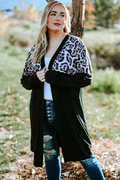 Black Leopard Detail Plus Size Cardigan