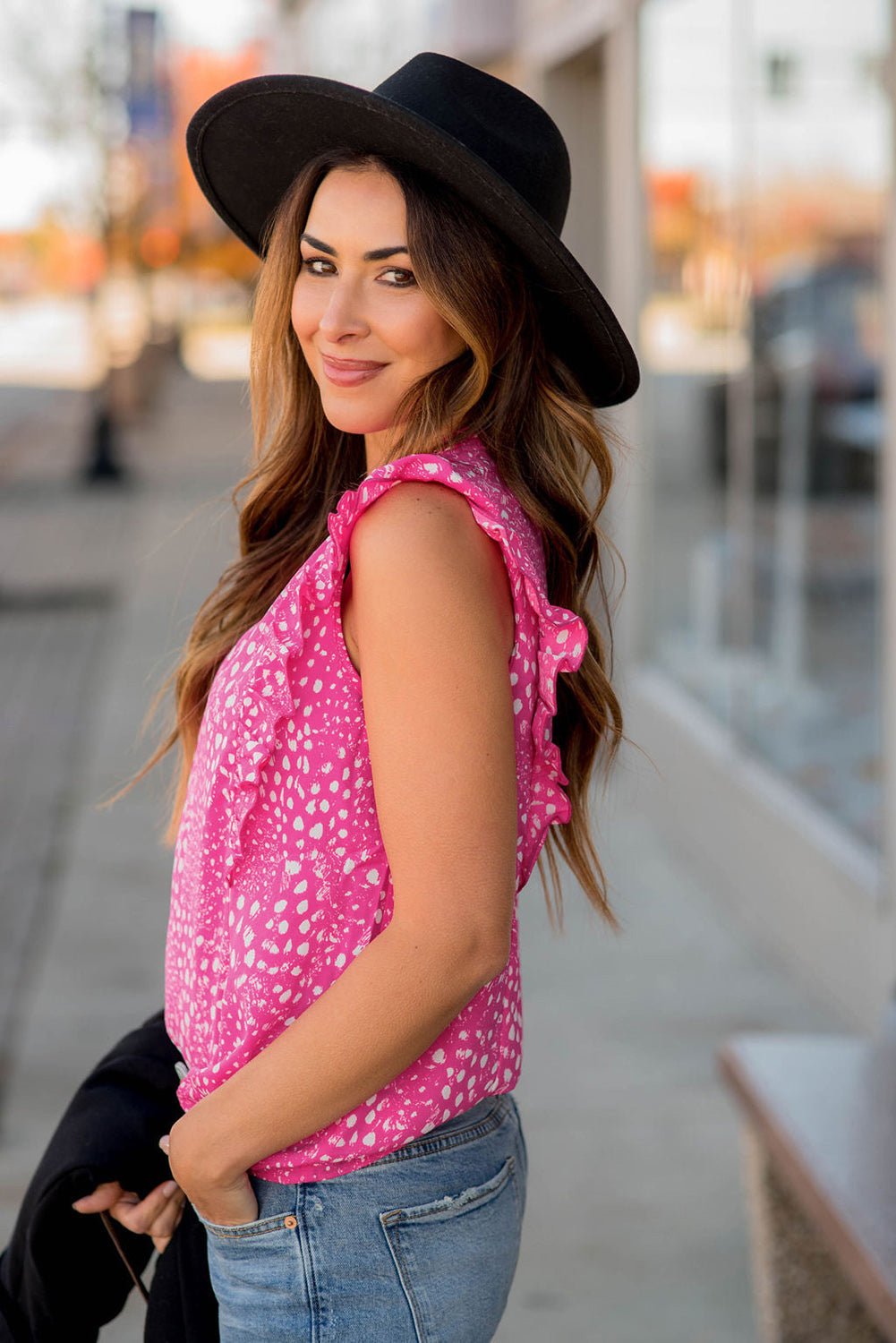 Rose Leopard Ruffle Trim Tank Top