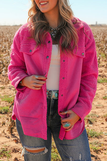 Bright Pink Faux Suede Sherpa Patchwork Button-up Shacket