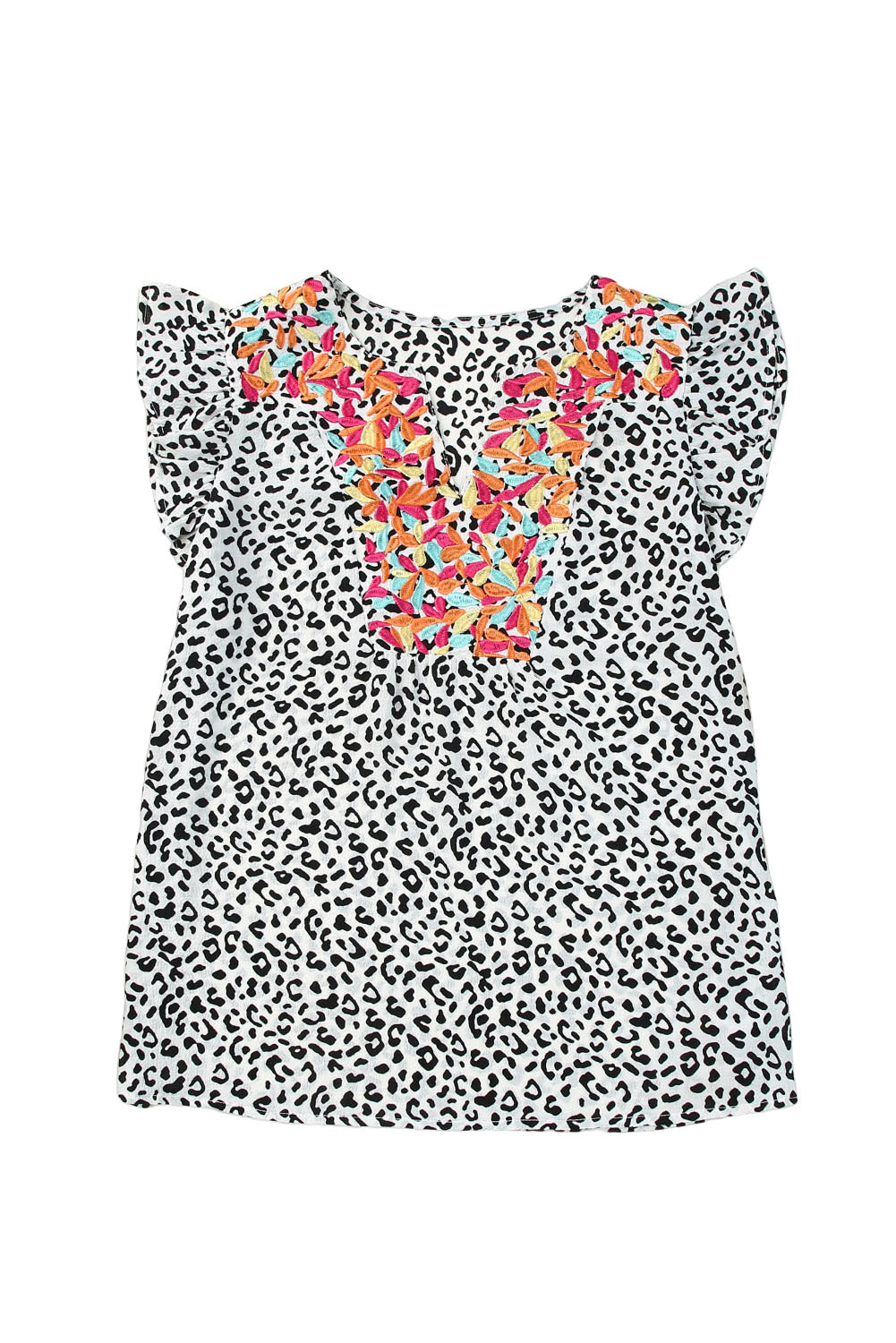 Leopard Ruffle Shoulder Embellished V-neck Sleeveless Top