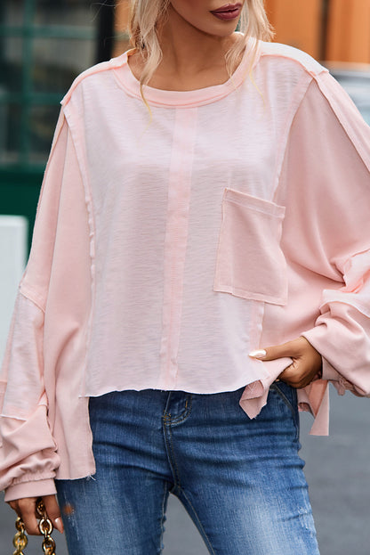 Pink Exposed Seam Chest Pocket Loose Sleeve Oversized Top