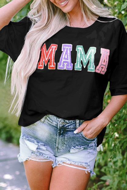 Black MAMA Chenille Patched Crew Neck T Shirt