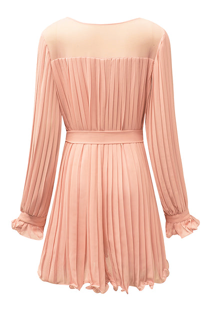 Pink Pleated Ruffled Tie Waist Buttons V Neck Romper