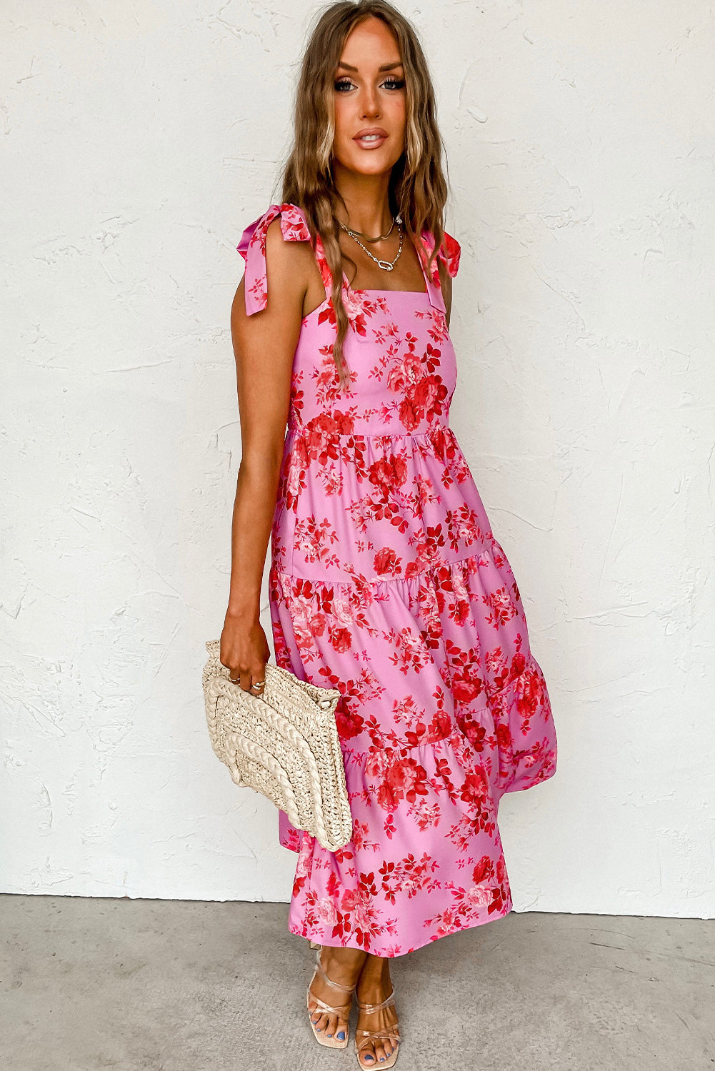 Pink Tie Shoulder Straps Tiered Floral Dress