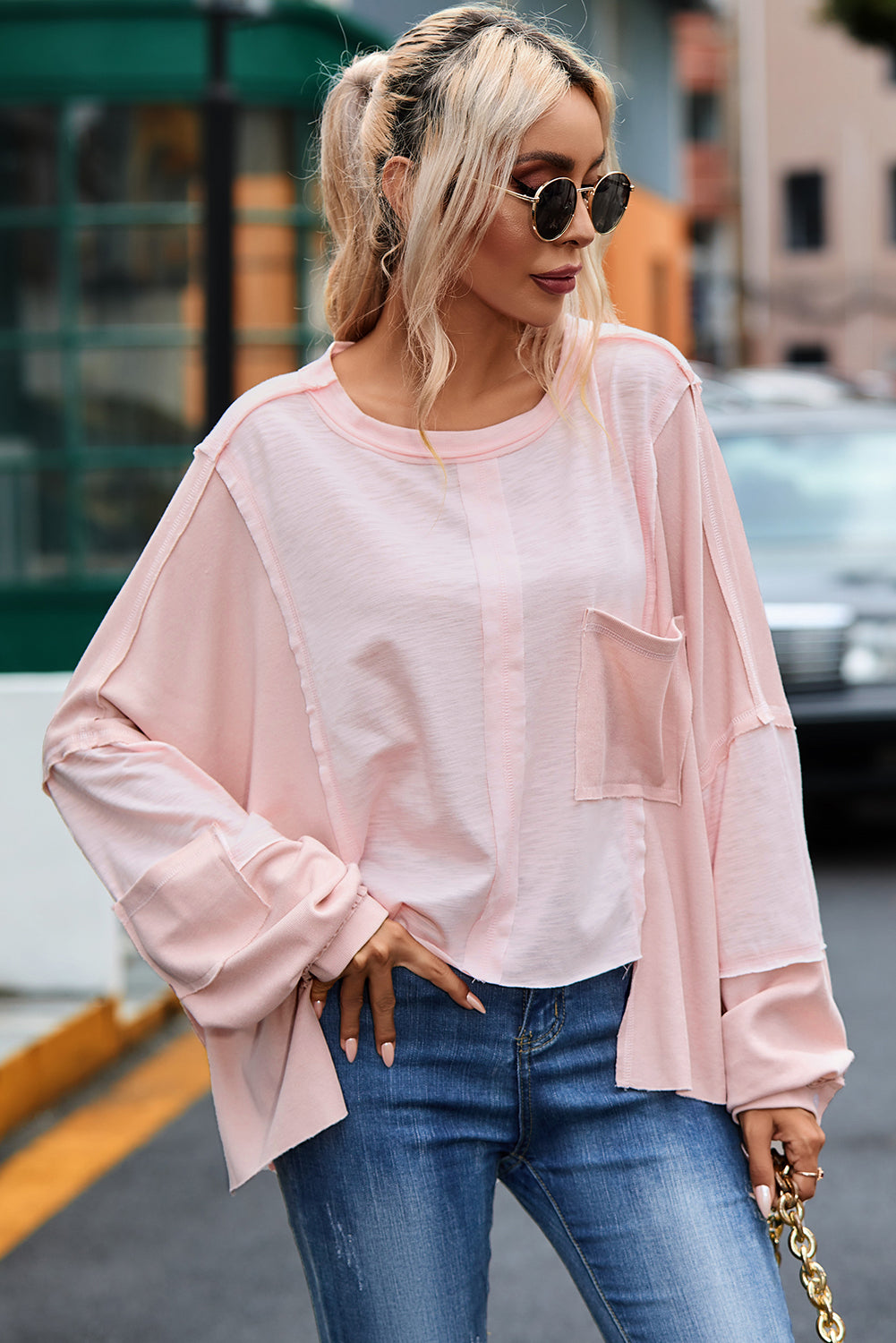 Pink Exposed Seam Chest Pocket Loose Sleeve Oversized Top