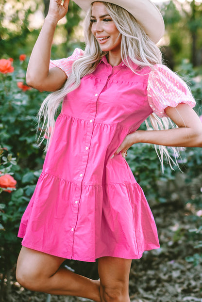 Bonbon Sequined Bubble Sleeve Tiered Ruffled Shirt Dress