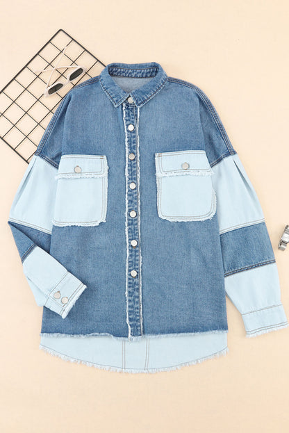 Blue Color Block Frayed Patchwork Oversize Denim Jacket