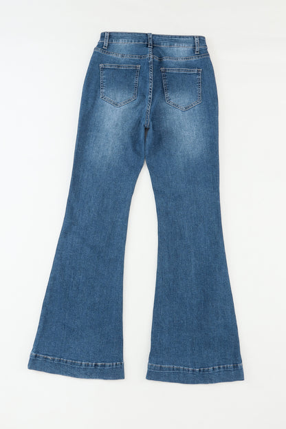 Blue High Waist Seam Stitching Pocket Flare Jeans