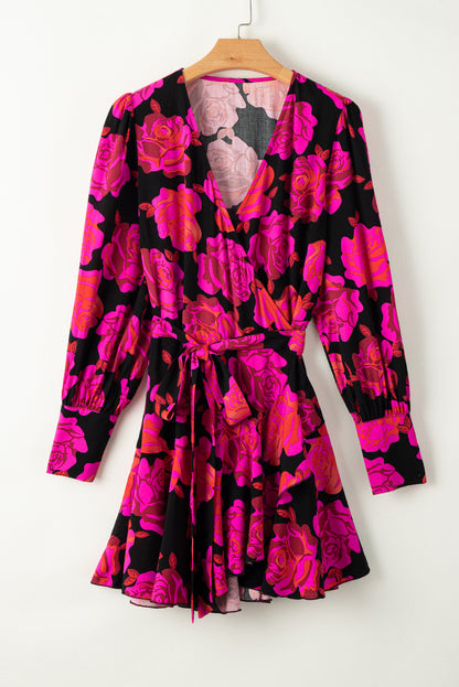 Rose Floral Print V Neck Wrap Bishop Sleeve Ruffle Tiered Mini Dress