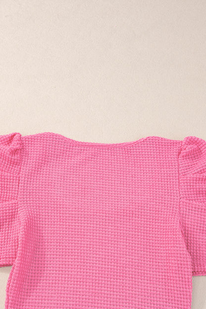 Bright Pink Waffle Knit Ruched Puff Sleeve Top