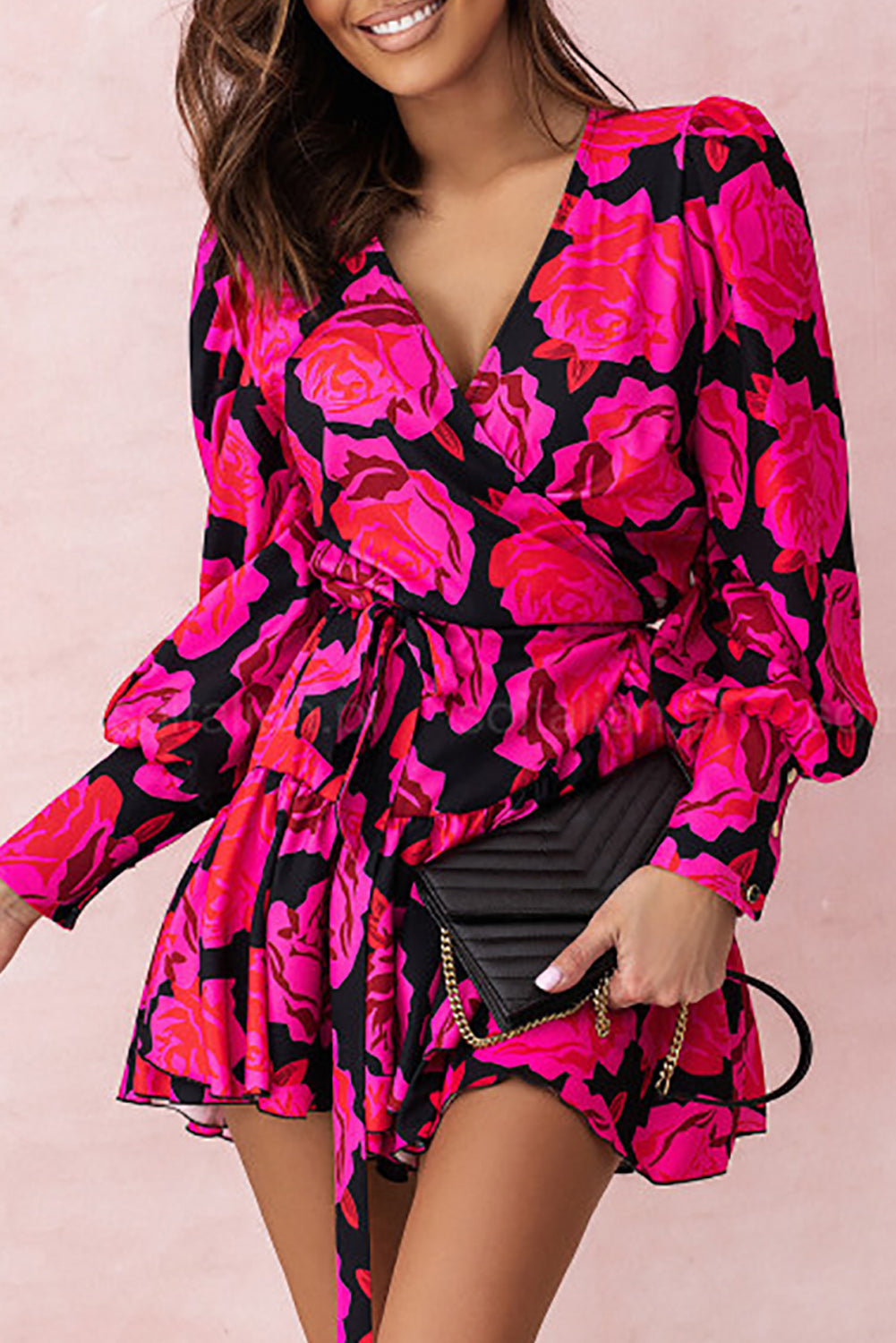 Rose Floral Print V Neck Wrap Bishop Sleeve Ruffle Tiered Mini Dress