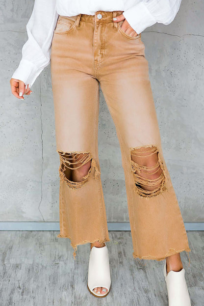 Brown Distressed Hollow-out High Waist Cropped Flare Jeans