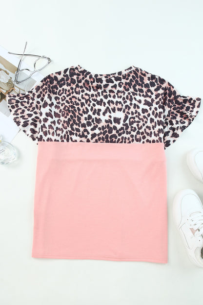 Pink Leopard Sequin Colorblock Patchwork Short Sleeve Top