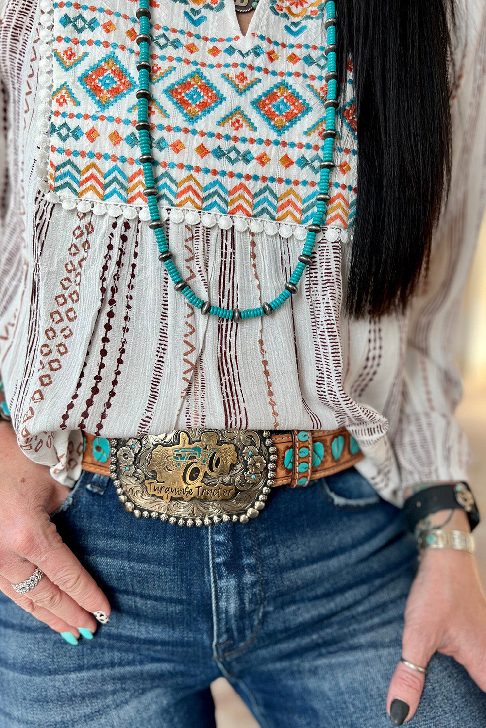 White Stripe  Notched Neckline Striped Aztec Embroidered Blouse