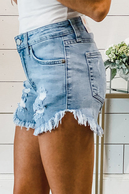 Light Blue Frayed Hem Denim Shorts