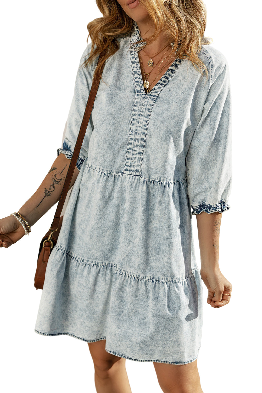 Dusk Blue Acid Wash Retro Half Sleeve Flared Denim Dress