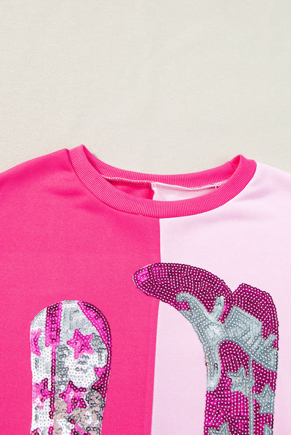 Pink Color Block Sequined Cowgirl Boots Graphic Sweatshirt